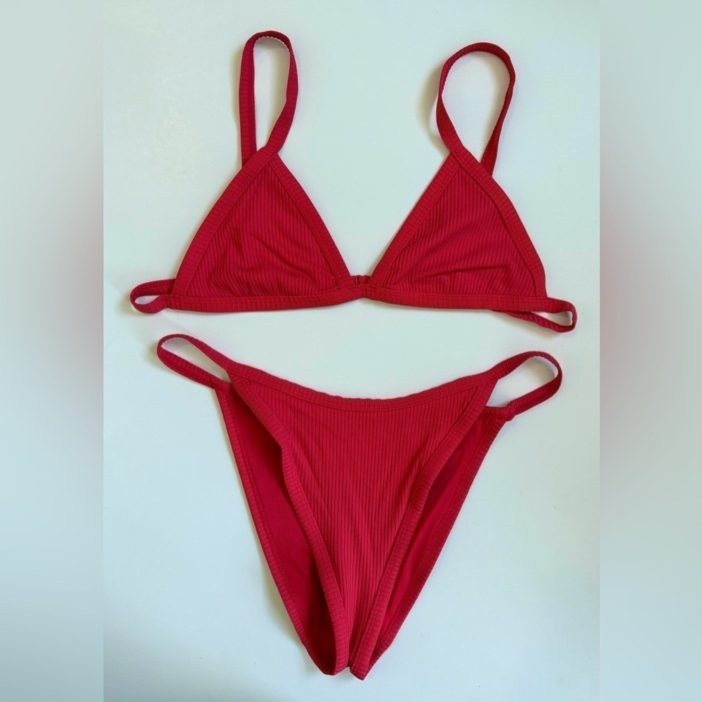 PacSun L.A. Hearts Red Ribbed Triangle Bikini Set Large High Leg Bottoms